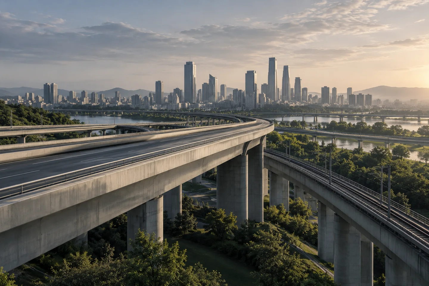 A broad industrial infrastructure landscape with a distant urban skyline