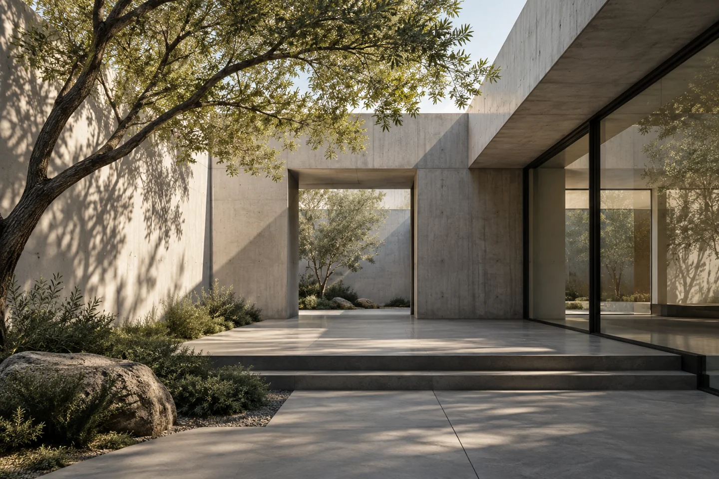 A quiet contemporary courtyard with concrete, glass and restrained greenery